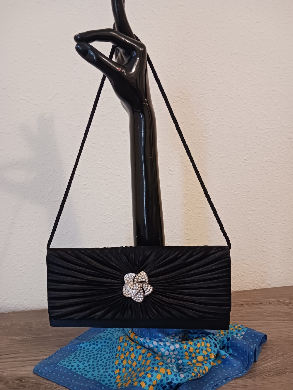 Jessica McClintock Black Evening Clutch with Rhinestone Floral Brooch
